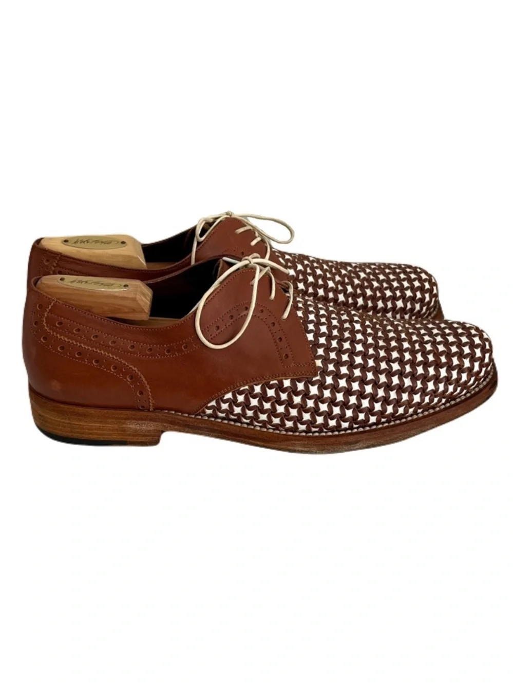 Salvatore Ferragamo Brown and White Woven Leather ‘Bario’ Oxfords, Size 9.5 D